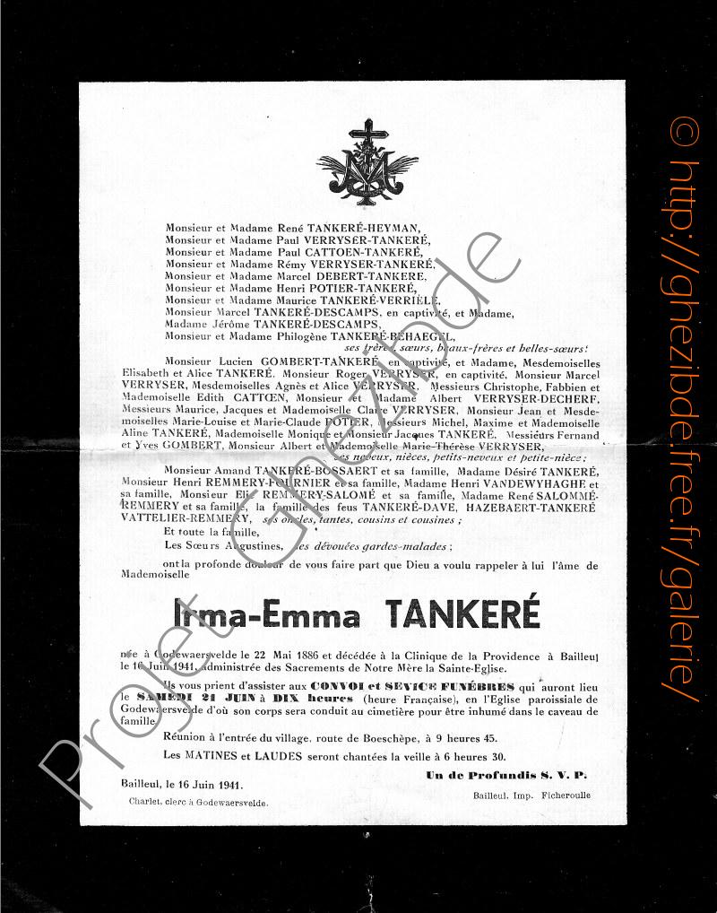 Irma Emma TANKERE, décédée à Bailleul, le 16 juin 1941 (53 ans).